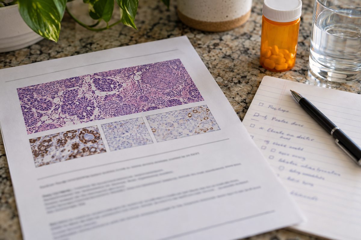 Macro view of diagnostic pathology report and patient medication timetable on stone desk.